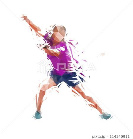 Table tennis female player, woman playing ping pong, low poly geometric isolated vector illustration Table tennis female player, woman playing ping pong, low poly geometric isolated vector illustration 114340911