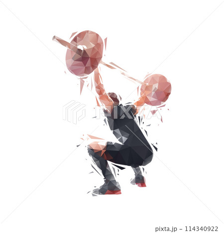 Weightlifting, man in gym, squat workout. Low poly isolated vector illustration from triangles 114340922