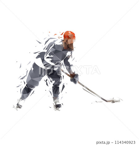 Ice hockey player skating with puck, low poly isolated vector illustration 114340923