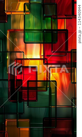 Abstract geometric Juneteenth banner. Green, red, black, yellow colored squares. Vertical background 114340944