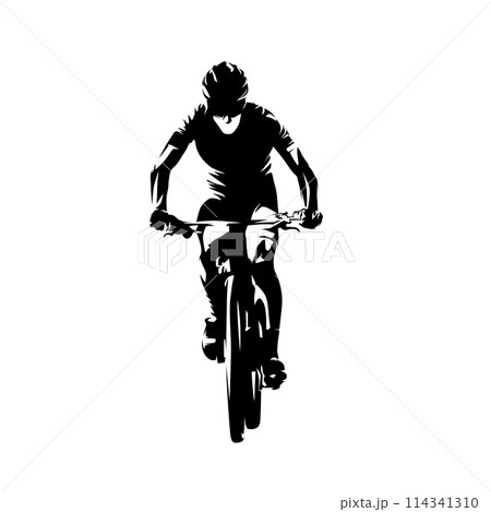 Cycling, man riding a mountain bike, front view, isolated vector silhouette 114341310