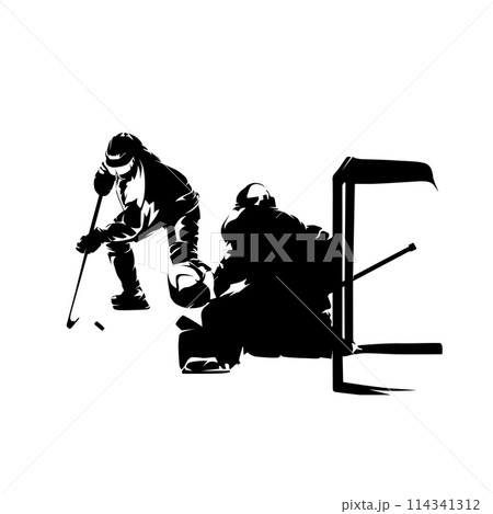 Ice hockey, hockey player tries to beat goalie. Isolated vector silhouette, winter team sport 114341312