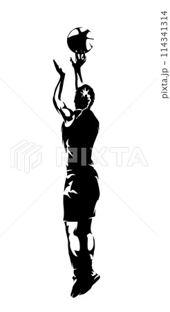 Female basketball player, woman shoots the ball at the basket, jump shot, isolated vector silhouette 114341314