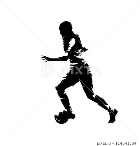 Female football player running with ball, woman playing soccer, isolated vector silhouette Female football player running with ball, woman playing soccer, isolated vector silhouette 114341334