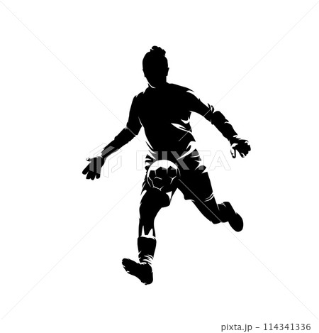 Football goalkeeper kicking ball, isolated vector silhouette. Woman playing soccer 114341336