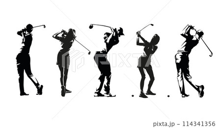 Golf, group of men and women playing golf, set of isolated vector silhouettes 114341356
