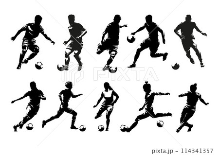 Soccer, football, group of men and women playing football, set of isolated vector silhouettes, Soccer, football, group of men and women playing football, set of isolated vector silhouettes, 114341357
