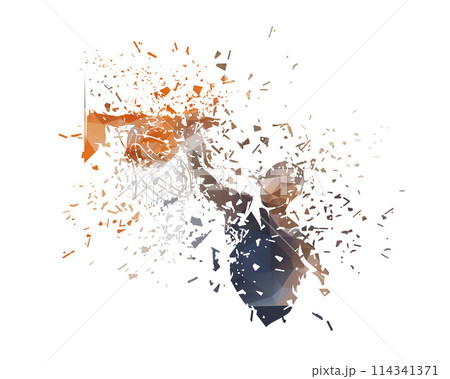 Basketball player, slam dunk, isolated low poly vector illustration with shatter effect, front view Basketball player, slam dunk, isolated low poly vector illustration with shatter effect, front view 114341371