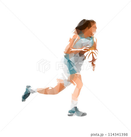 Woman playing basketball, isolated low poly vector illustration. Female team sport Woman playing basketball, isolated low poly vector illustration. Female team sport 114341398