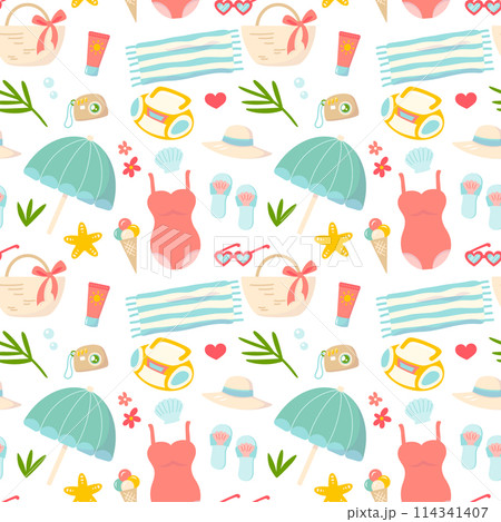 Summer beach holiday elements pattern for print, fabric, textile, wrapping paper. Vector illustration 114341407