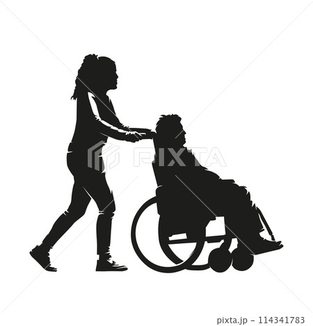 Senior in wheelchair is assisted by assistant, isolated vector silhouette 114341783