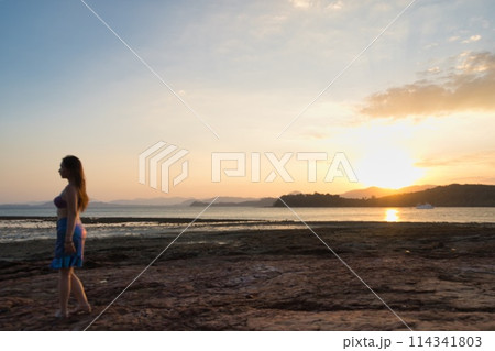 夕日を見つめる女の子 114341803