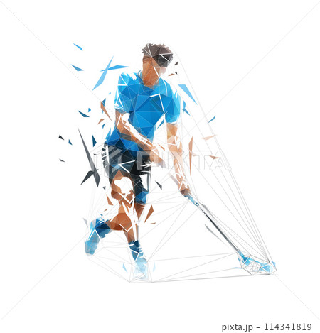 Floorball player, isolated low poly vector illustration. Team sport ahtlete, geometric drawing 114341819