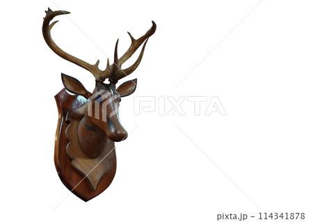 antique wooden deer head mounted on a piece of wood, on white background, decor, wood, fashion, ancient, copy space 114341878