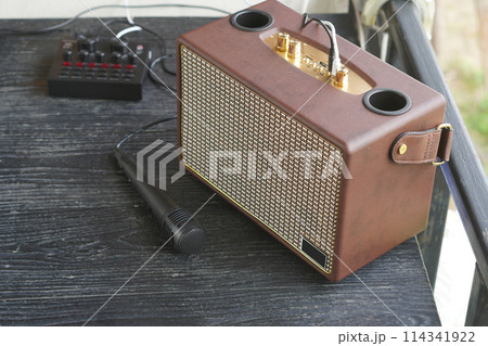 top view brown leather and gold radio and a black microphone placed on a black wooden table on blur nature background, technology, object, music, copy space top view brown leather and gold radio and a black microphone placed on a black wooden table on blur nature background, technology, object, music, copy space 114341922