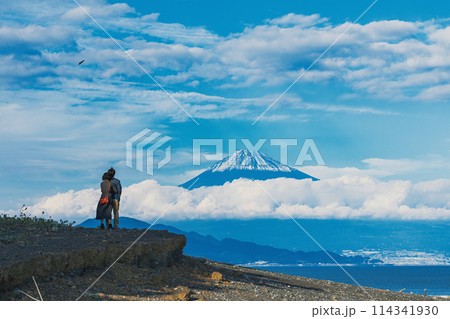 海辺から富士山を望むカップル 114341930