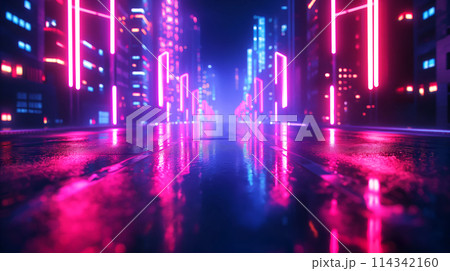 A concept of vibrant and futuristic cityscape at night, illuminated by neon lights reflecting off the wet ground, creating an atmosphere of mystery and advanced technology. A virtual cityscape A concept of vibrant and futuristic cityscape at night, illuminated by neon lights reflecting off the wet ground, creating an atmosphere of mystery and advanced technology. A virtual cityscape 114342160