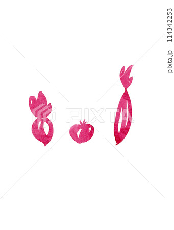 Vegetable silhouettes: radish, tomato, daikon. Modern abstract watercolor, great design for any purpose. Red doodles. Elegant decoration. Isolated elements. Paper texture 114342253