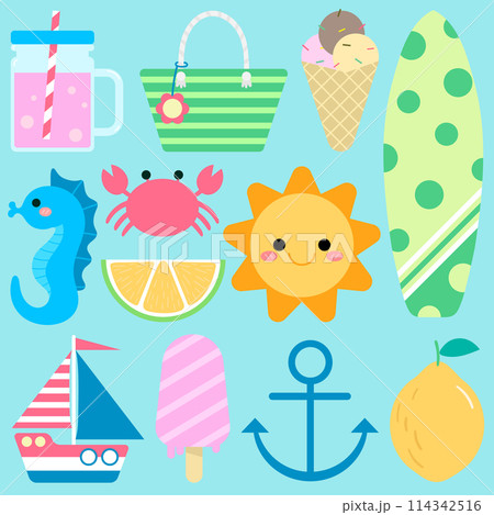 Kids hand drawn cute summer elements set Kids hand drawn cute summer elements set 114342516