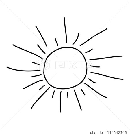 Hand drawn Doodle Sun. Outline Vector illustration, isolated on white. Black contour Drawing of Hot natural phenomenon. Child Graphic Art for Coloring book, Card, Poster, Sticker. Sunny and Warm 114342546