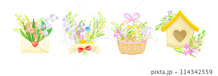 Spring Floral Composition with Blooming Flora Vector Set 114342559