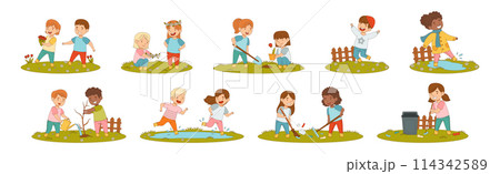 Cheerful Kid Character Enjoying Spring Season Vector Set Cheerful Kid Character Enjoying Spring Season Vector Set 114342589
