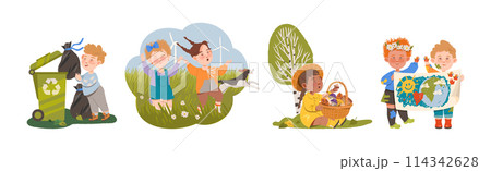 Kids Take Care of Planet Earth and Clean Environment Vector Set 114342628