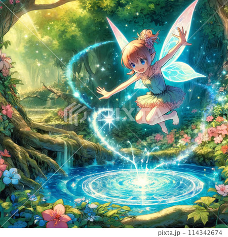 泉で遊ぶ女の子の妖精と妖精たちが住む森 114342674