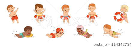 Children Swimming and Floating in Water Vector Set 114342754