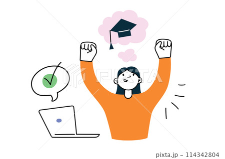 Happy student passed online test, girl after final exam, dreaming of graduation, education composition, doodle icons of graduating hat and laptop, vector illustration of success in studying Happy student passed online test, girl after final exam, dreaming of graduation, education composition, doodle icons of graduating hat and laptop, vector illustration of success in studying 114342804