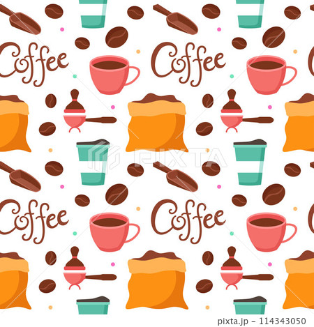 Coffee Time Seamless Pattern Design With Cacao Beans, Grains and Jug in Cartoon Flat Illustration Coffee Time Seamless Pattern Design With Cacao Beans, Grains and Jug in Cartoon Flat Illustration 114343050