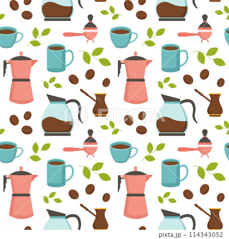 Coffee Time Seamless Pattern Design With Cacao Beans, Grains and Jug in Cartoon Flat Illustration Coffee Time Seamless Pattern Design With Cacao Beans, Grains and Jug in Cartoon Flat Illustration 114343052