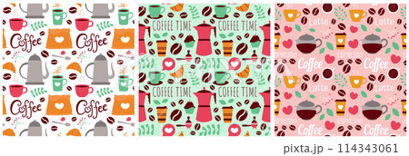 Coffee Time Seamless Pattern Design With Cacao Beans, Grains and Jug in Cartoon Flat Illustration Coffee Time Seamless Pattern Design With Cacao Beans, Grains and Jug in Cartoon Flat Illustration 114343061