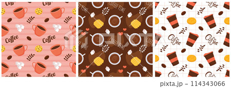Coffee Time Seamless Pattern Design With Cacao Beans, Grains and Jug in Cartoon Flat Illustration Coffee Time Seamless Pattern Design With Cacao Beans, Grains and Jug in Cartoon Flat Illustration 114343066