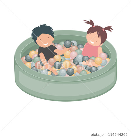 Happy little boy and girl smile and play in dry pool with colorful balls. Concept lifestyle childhood moment. Vector isolated illustration 114344263