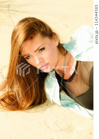 Beautiful girl long hair outdoor, portrait 114344583