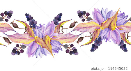 Hand drawn watercolor illustration shabby boho botanical flowers leaves. Crocus saffron black berry autumn rose hip. Seamless banner isolated on white background. Design wedding, floral shop, cards Hand drawn watercolor illustration shabby boho botanical flowers leaves. Crocus saffron black berry autumn rose hip. Seamless banner isolated on white background. Design wedding, floral shop, cards 114345022