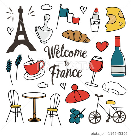 France symbols collection, icons of Eifel tower, cheese, croissant, traveling in Paris, tourism vector illustrations, famous French places, set of wine, baguette and flag doodles France symbols collection, icons of Eifel tower, cheese, croissant, traveling in Paris, tourism vector illustrations, famous French places, set of wine, baguette and flag doodles 114345393