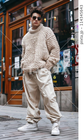 Stylish Young Man Wearing Chunky Knit Sweater and Trendy Sunglasses on Urban Street 114345643