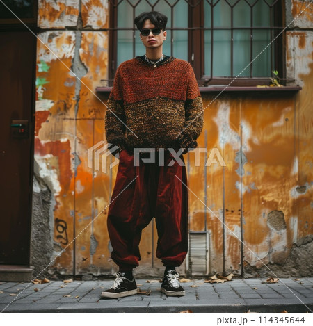 Stylish Young Man in Trendy Street Fashion Standing Against Urban Textured Wall 114345644