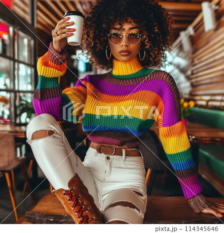 Stylish Young Woman Enjoying Coffee in a Trendy Cafe 114345646