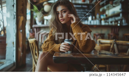 Young Woman in Cozy Sweater Holding Coffee in Urban Cafe 114345647