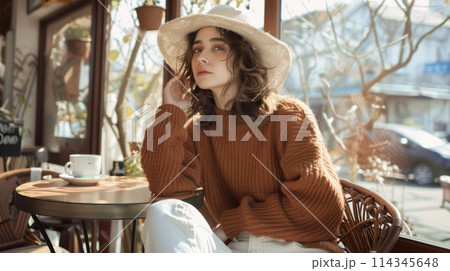 Elegant Woman in Stylish Attire Relaxing at a Sunlit Cafe 114345648