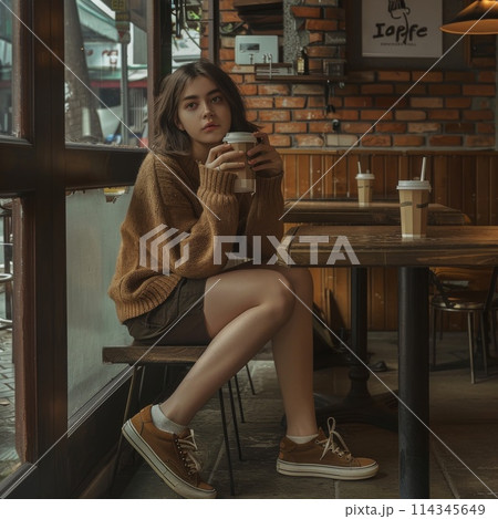 Young Woman Enjoying Coffee in a Cozy Cafe 114345649