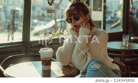 Stylish Woman Sitting in a Cafe with Sunglasses and Coffee 114345650