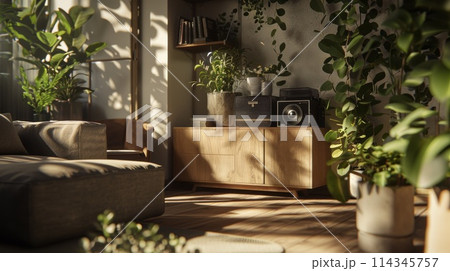 Cozy Living Room Interior with Modern Wooden Furniture and Lush Houseplants Cozy Living Room Interior with Modern Wooden Furniture and Lush Houseplants 114345757