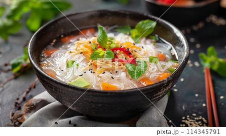 Shirataki noodles soup with vegetables in a bowl 114345791