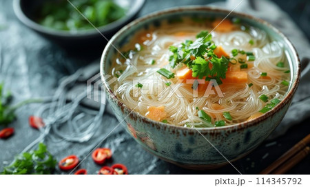Bowl with tasty Shirataki noodles and vegetables on table 114345792