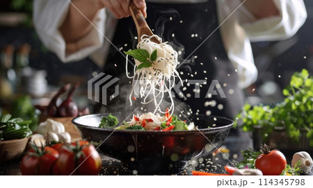 Close up of female hands cooking shirataki noodle with vegetables on kitchen 114345798