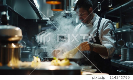 Chef cooking shirataki noodle in kitchen of restaurant 114345799